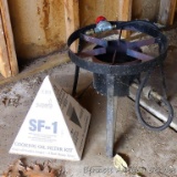 Large free standing propane burner for frying turkeys or boiling fish. Plus a cooking oil filter