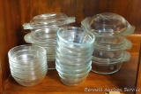 Small glass baking dishes and custard dishes. Set of six with lids by Anchor Hocking, one lid is