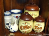 Vintage ceramic canister set includes pieces for Flour, Coffee & Tea; other pieces.