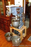 Blakeslee Model B-20 commercial 20 quart mixer with meat grinder head and tray, four bowls, two