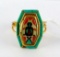 Ring with turquoise and coral accent is marked Zuni 14K and is signed by V. Quam, size 7. Small chip