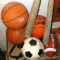 Two wooden baseball bats; a couple basketballs, soccer ball, football. More.