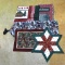 One quilted holiday table runner, a lap quilt, plus a centerpiece; tapestry table runner and a woven