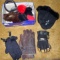 Leather mittens with fur trim; work gloves; ear muffs;