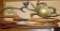 Vintage brass crab incense burner, letter opener, kitchen utensils with mother of pearl inlay. All