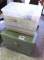 Metal file box, 4 plastic divided storage containers. All used. Cabinet measures 11 in. tall.