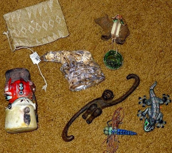 Cast iron hanging monkey is nearly 8"; a gecko, a bear carrying a turtle, glass polar bear, more.