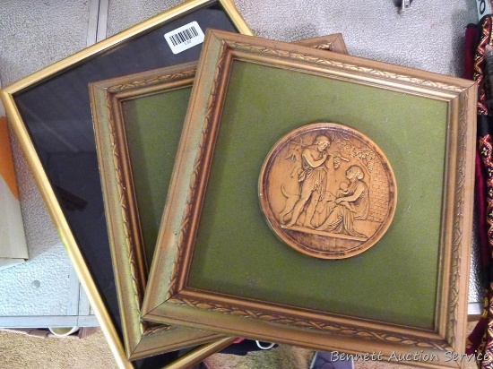 Two retro framed pieces and a shadow box, largest is 12" x 15" x 2".