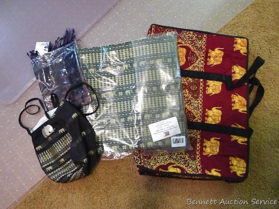 Pretty Thai bedspread, dresser scarf, tote bag, more. Tote bag is about 19" x 14".