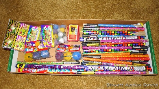 No shipping. 24" box of Roman candles, firecrackers, smoke bombs, snakes.