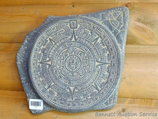 Clay wall hanging from Mexico is 14" x 13". A few chips noted on back edges.