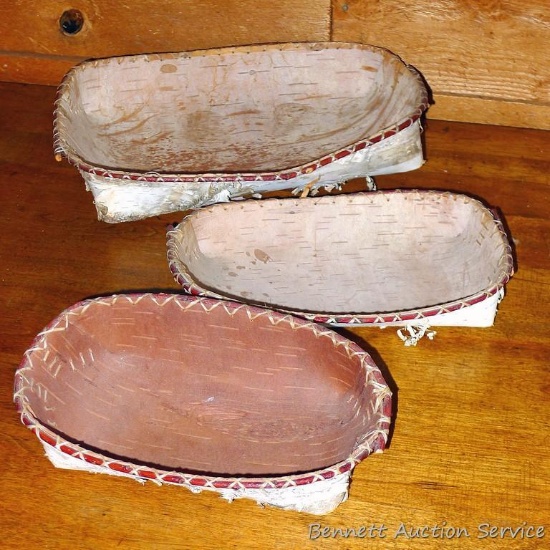 Three birch bark containers, largest is 9-1/2" x 13" x 2-1/2".