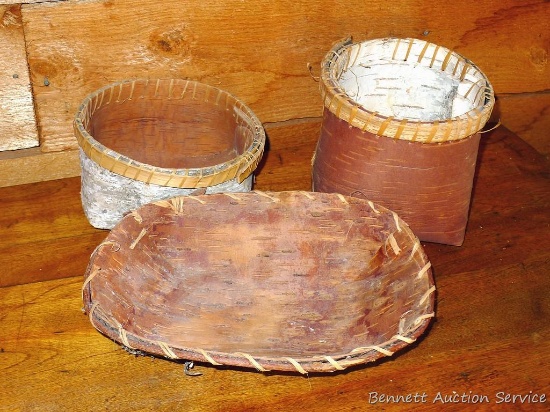 Three birch bark containers, largest is 6-1/2" x 5-1/2".