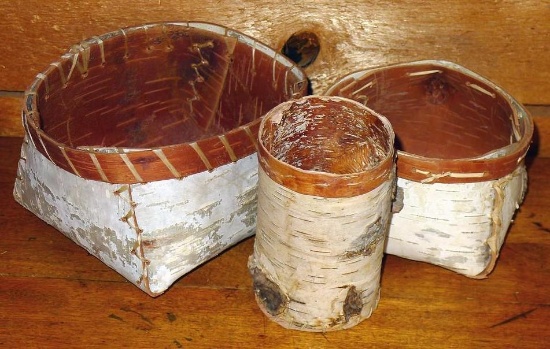 Three birch bark containers, largest is 6-1/2" x 3-1/4".