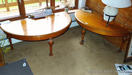 Two round oak table halves could be used as two wall tables or a round coffee table. Each is 4-1/2'