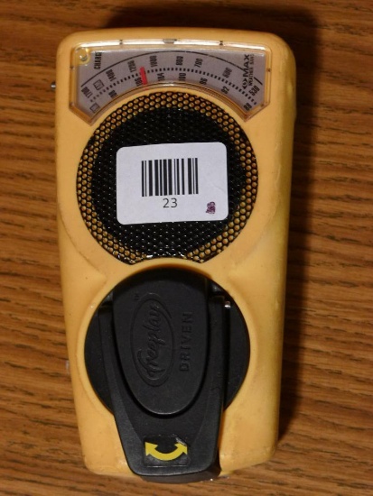 Hand crank emergency weather band/AM-FM radio/flashlight is 4" x 7".