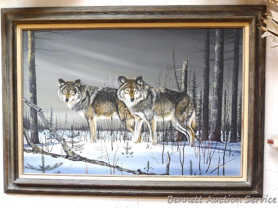 Beautiful painting of 2 wolves by Tim Johnson; framed and matted; measures 43" x 31".
