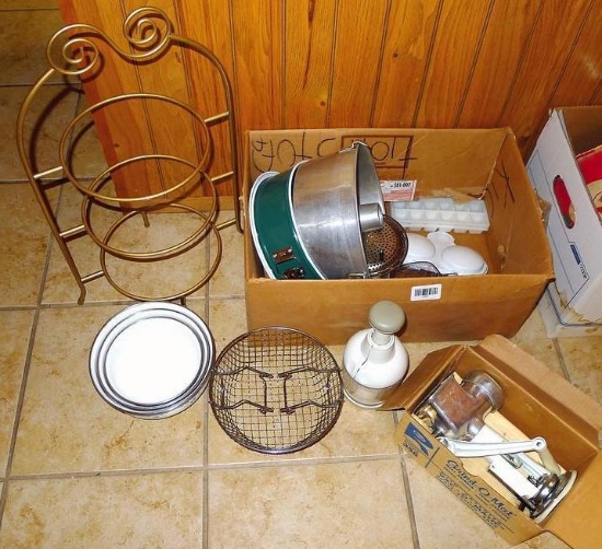 Three tier metal plate holder is 21" tall; 9" spring form pan; angel food pan; Grind-O-Mat meat