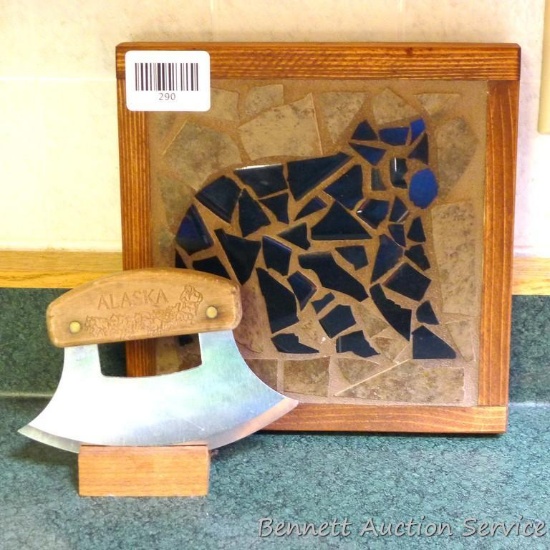 Wooden framed mosaic bear is 8-1/4" x 8-1/2"; Alaska curved knife has 6" blade.