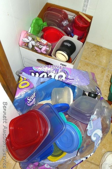 Insulated cups and lots of plastic storage containers.