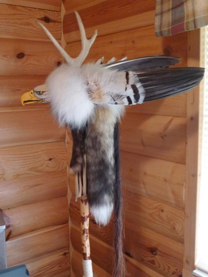 Handmade Eagle Stick by Vision Products comes with tree stump holder and has horse hair, fox tail,