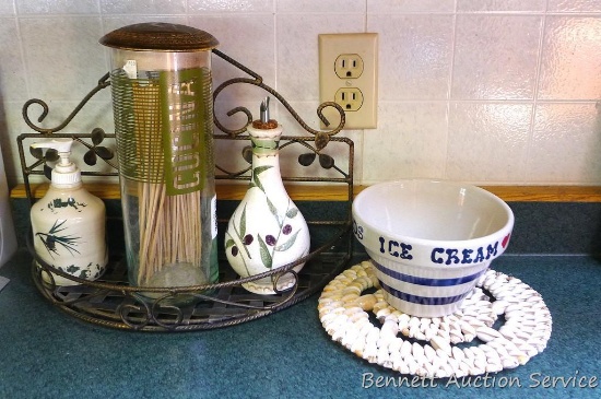R.R.P. Co. 6" ceramic bowl is 4" x 6"; seashell trivet is 9-1/4" diameter; glass canister 10-1/2"