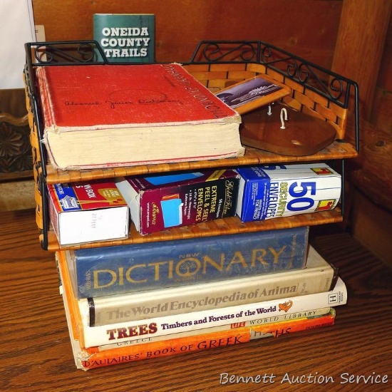 Antique key; two wire/woven storage racks 13" x 11" x 3"; envelopes; box of matches - will be