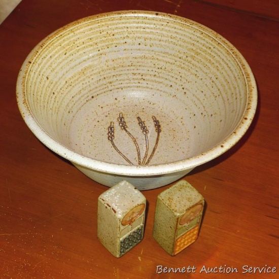 Clay bowl is 12" x 5"; salt & pepper shakers+B278