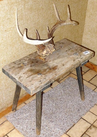 8 pt. deer rack has 15-1/4" spread; homemade wooden bench is 11-1/2" x 24" x 17".