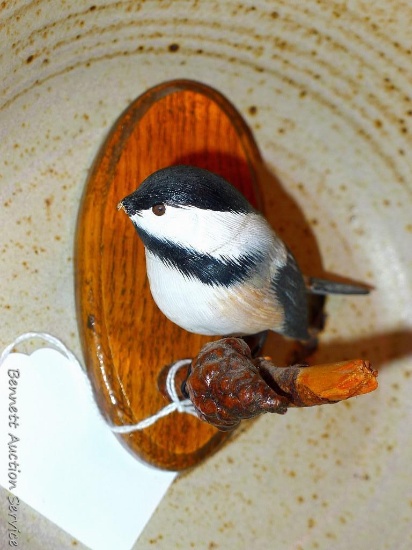 Chickadee on a perch is 4-3/4" x 4". End of beak is broken.