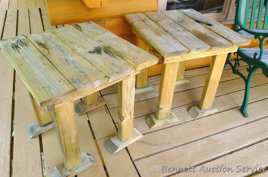 Two wooden tables would be handy on your deck or by the campfire. Stand about 22" x 24" x 24" tall.