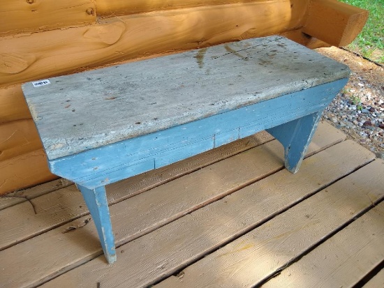 Delightful rustic bench is 40" x 15" x 18" tall. Back legs are chewed up, could just be cut off for