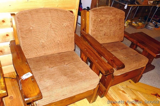 Two sturdy retro chairs with cushions. Stand about 31" x 32" x 32" tall.