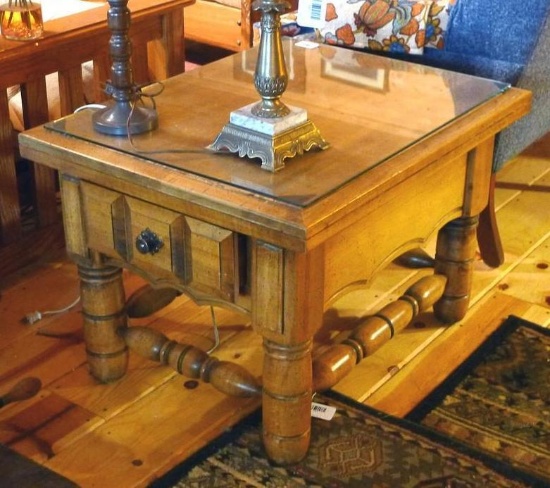 Wooden side table with drawer is about 30" x 24" x 20" tall. Drawer holds Speedball Linozip linoleum