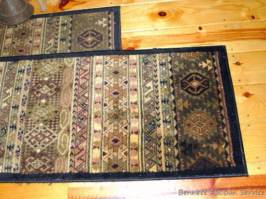 Two matching hall runners are about 92" x 2'. Rugs look to be in pretty good condition, end of one