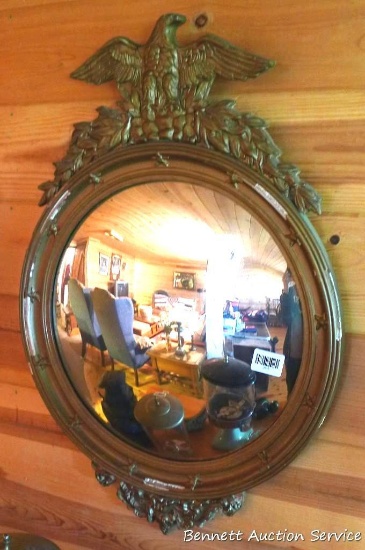 Beveled glass mirror is about 32" x 22". Chips could be touched up with gold paint or leave it for