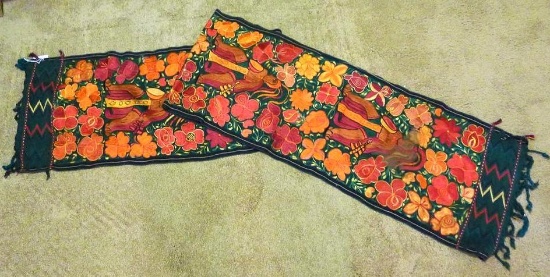 Beautiful tapestry table runner, 96" x 17". Has a dirt spot noted, but is in good condition overall.