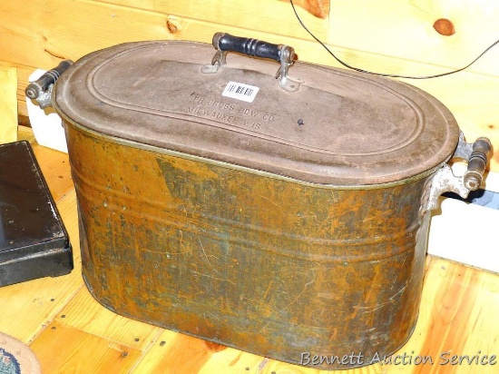 Copper boiler with lid and soap shaver. Top is marked PH Gross Hdw Co Milwaukee Wis. Soap shaver is