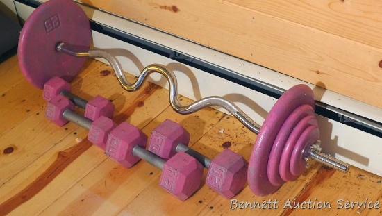 Weight bar with weights; 10 and 20 lb dumbbells. Bar is about 4' long and has 2-1/2 to 20 lb