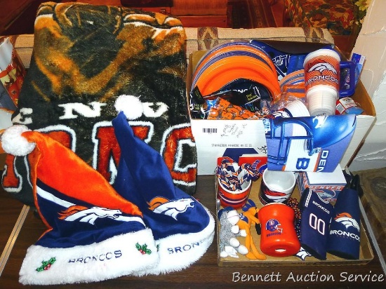 Lots of Denver Bronco football themed party supplies, ornaments, blanket, more. Blanket is about 60"