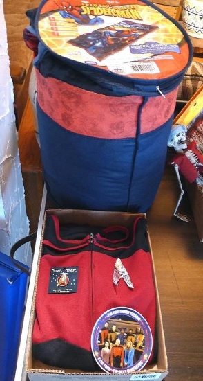 Star Trek costume, collectors plate and pin, and a Marvel Spiderman sleeping bag. Sleeping bag and