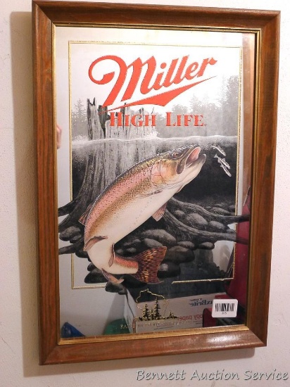 Miller High Life beer mirror features a Rainbow Trout. Measures 22" x 15" over frame.
