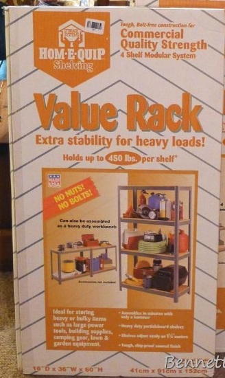 Metal shelving unit is new in box.