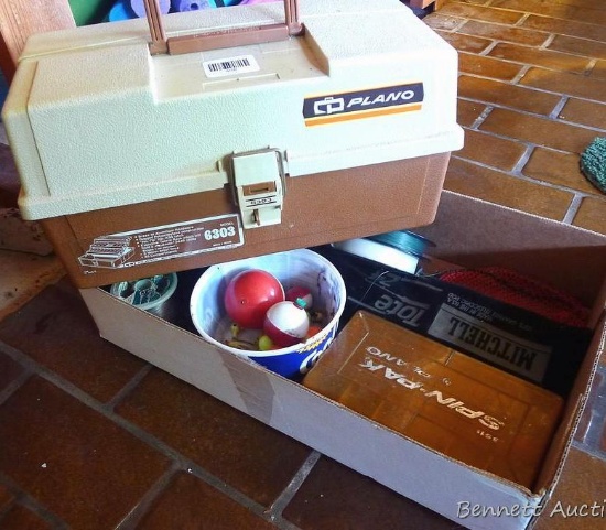 Plano 6303 tackle box is 15", plus a Davidcraft 5-1/2' telescopic fishing rod; bobbers, line, more.