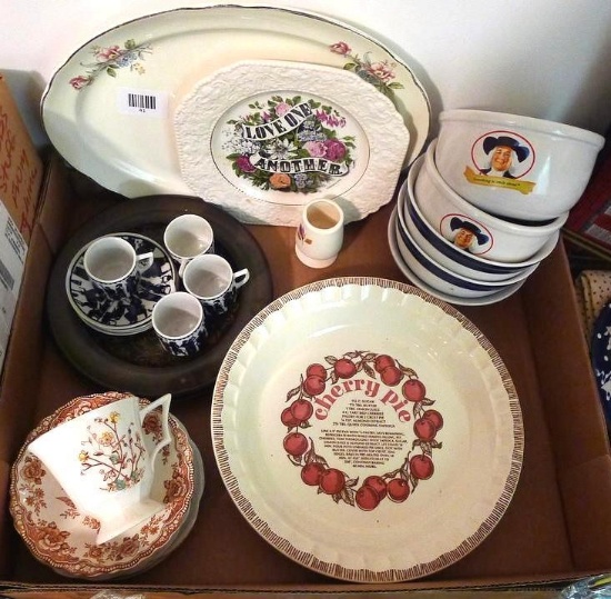 Country Harvest cherry pie recipe pie plate, 1983; Quaker Oat bowls; Greek miniature coffee set; 13"