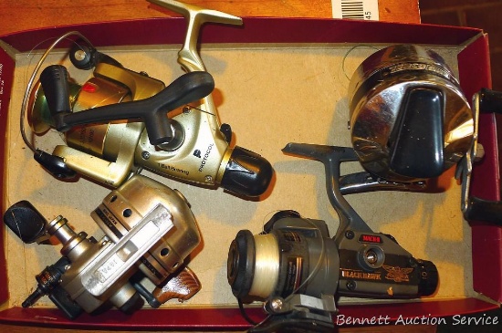 Protocol ball bearing spin cast reel; Fenwick Blackhawk Mach II reel; Daiwa 210RL and other reel.