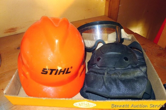 Stihl chainsaw hard hat; plus safety goggles and some knee pads.
