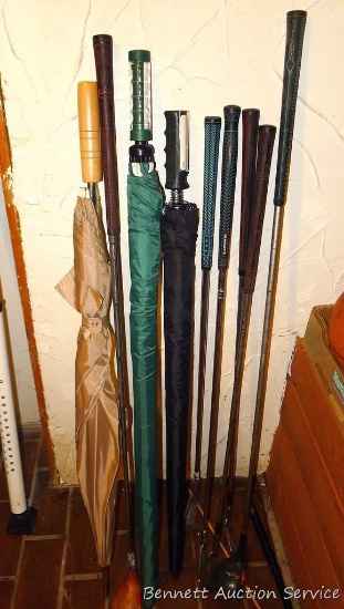Northwestern Swinger Chi Chi Rodriguez wooden head golf club; 3' umbrellas; plus a bunch of golf