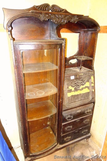 Delightful old secretary just needs a little love. Curved glass is good. Stands approx. 6' x 3' x