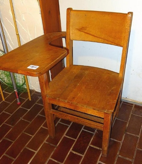 Nice sturdy vintage hardwood school desk stands 32" to top of back.